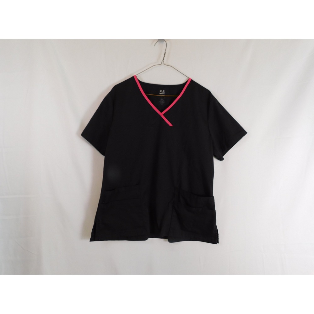 Dagacci Womens Black Pink‎ Trim V-Neck Medical Scrub Top Pocketed Size L 2134